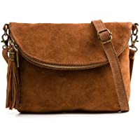  - FIRENZE ARTEGIANI.Bolso de Mujer Piel auténtica.Bolso Bandolera Mujer Acabado Gamuza.Solapa con Bolsillo con Cierre Cremallera. Made IN Italy. Vera Pelle Italiana. 24x19x3 cm. Color: Marron